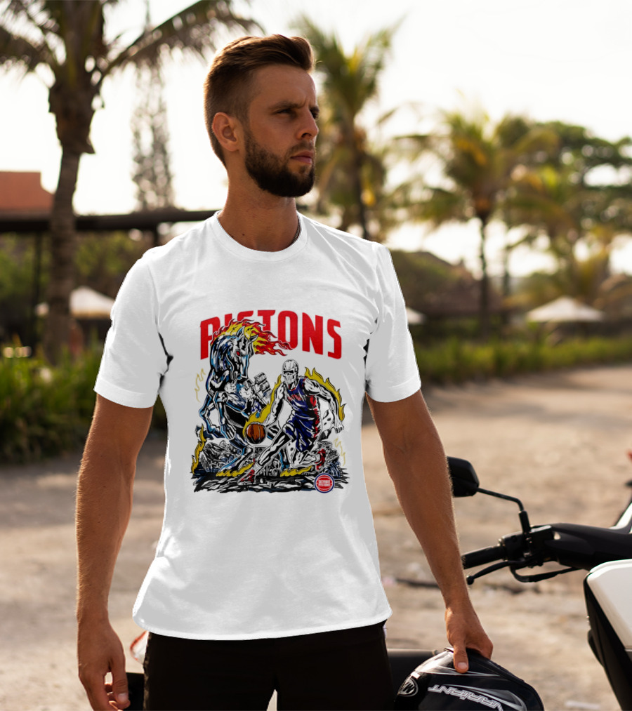 Detroit Pistons Skull Basketball Horse Flames Robot T-Shirt