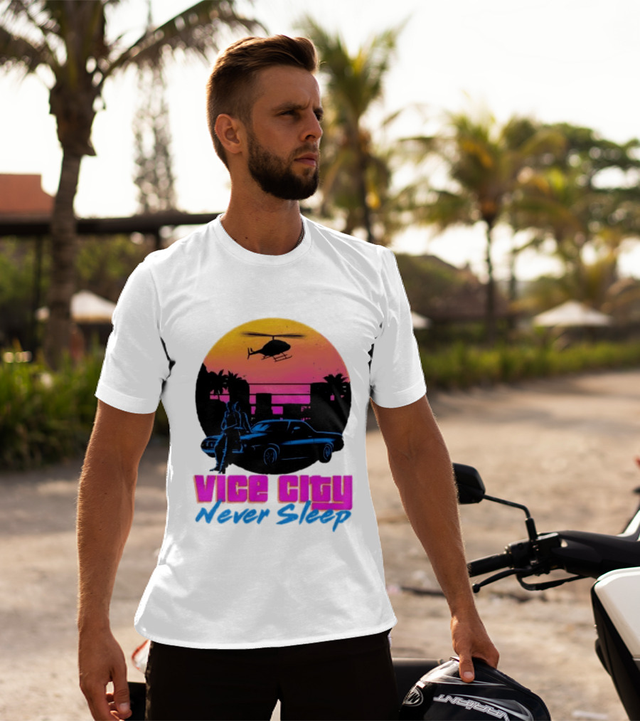 Vice City Never Sleep 80s Sunset Car Helicopter T-Shirt