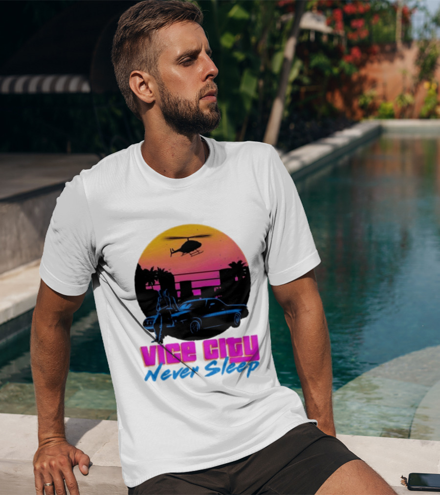 Vice City Never Sleep 80s Sunset Car Helicopter T-Shirt