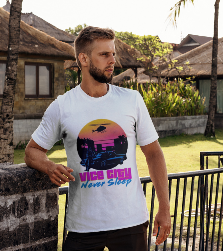 Vice City Never Sleep 80s Sunset Car Helicopter T-Shirt