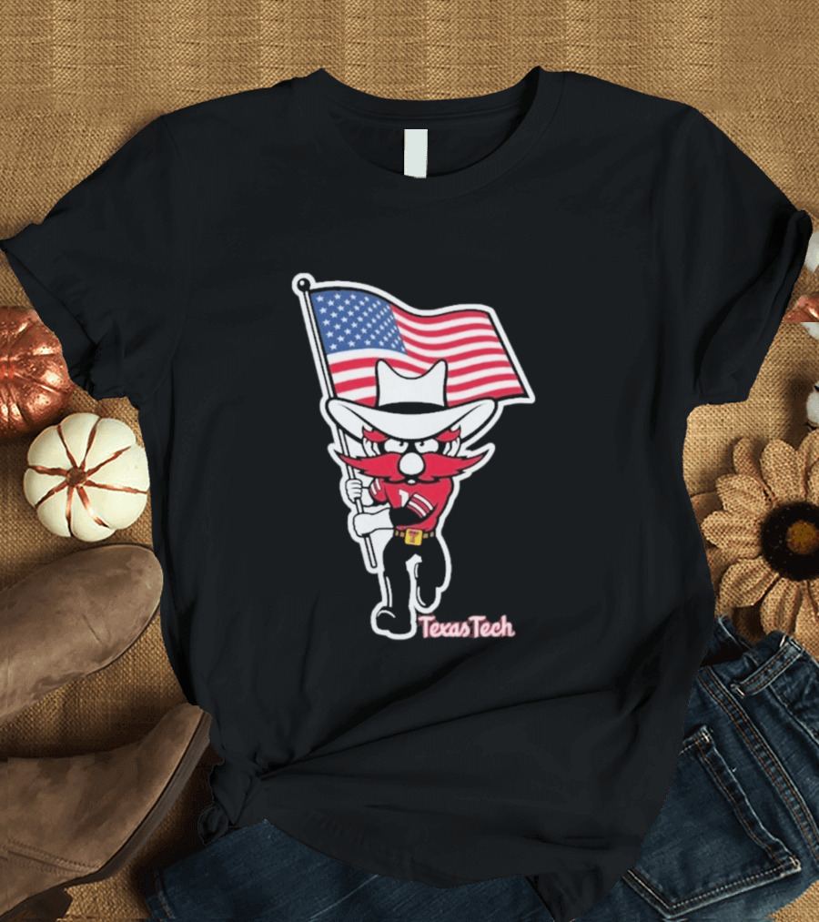 Texas Tech Red Raider Holding American Flag Sticker T-Shirt