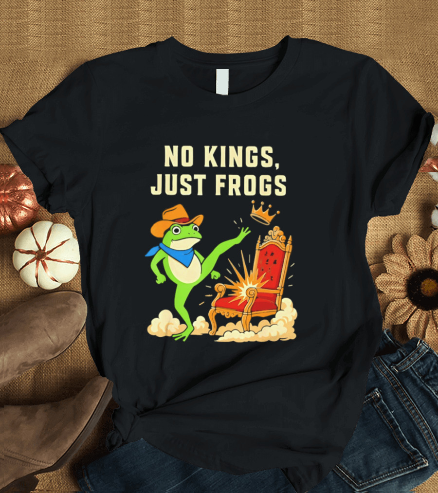 No Kings Just Frogs Portland Cowboy Frog Kicking Crown From Throne T-Shirt