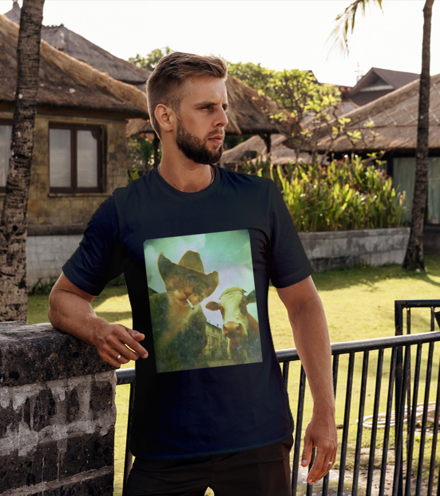 Cowboy Cat Smoking With Cow T-Shirt