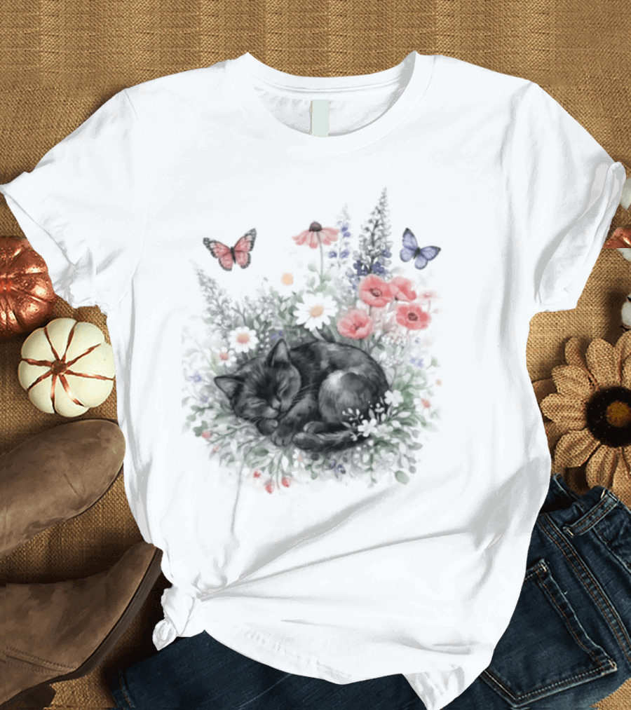 Black Cat Surrounded By Vibrant Flowers And Butterflies T-Shirt