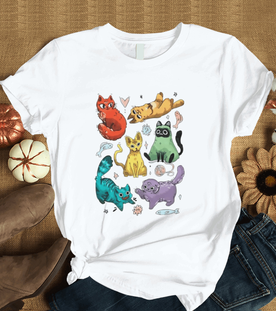 Whimsical Colorful Cats And Rainbow Hearts Collage T-Shirt