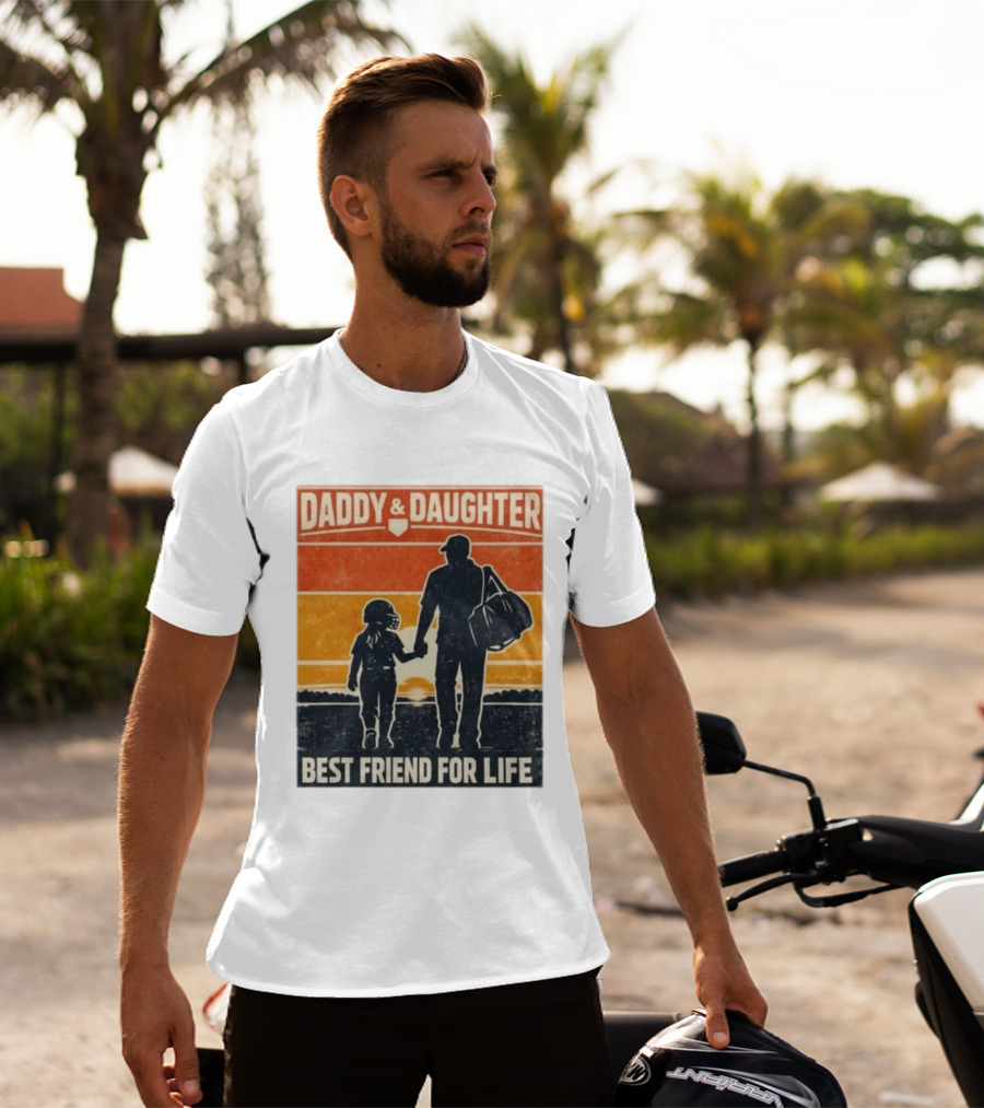 Daddy & Daughter Best Friend For Life Baseball Softball Silhouette Retro Sunset T-Shirt