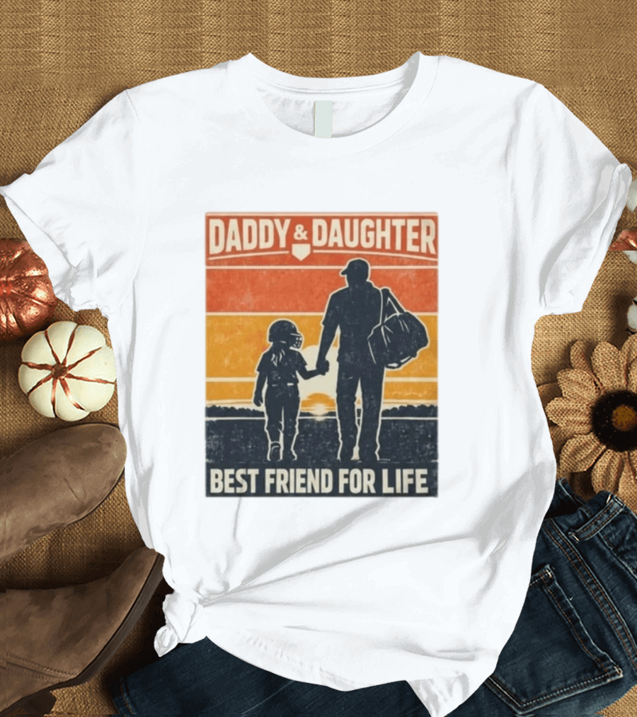Daddy & Daughter Best Friend For Life Baseball Softball Silhouette Retro Sunset T-Shirt