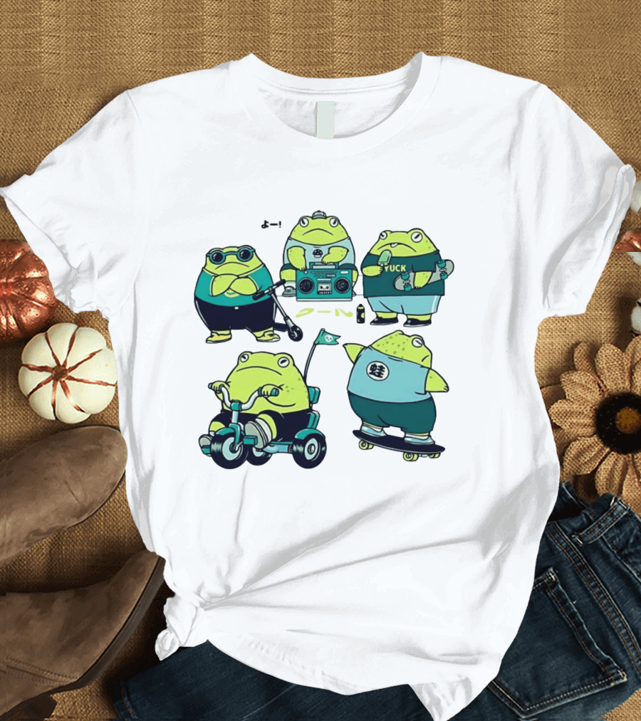 Frog Riding Scooter Tricycle Skateboard Boombox Summer Fun T-Shirt