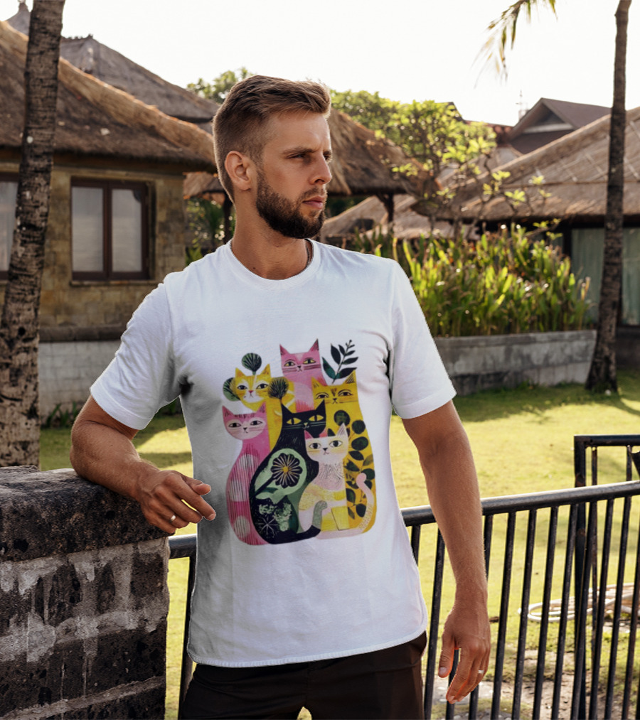 Vibrant Stylized Cats Botanical Foliage Whimsical T-Shirt