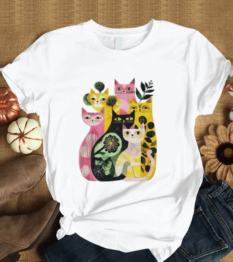 Vibrant Stylized Cats Botanical Foliage Whimsical T-Shirt