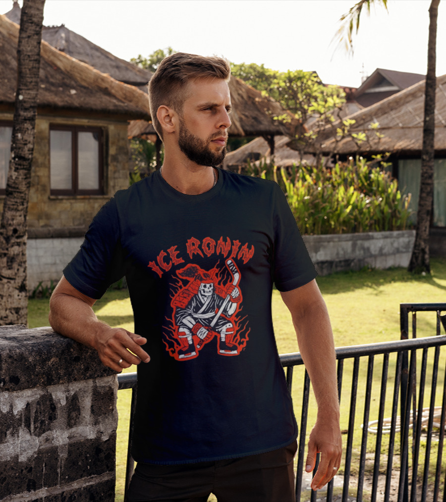 Ice Ronin Samurai Skull Hockey Stick Flames T-Shirt