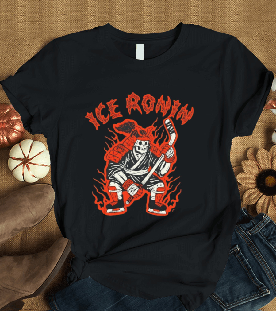 Ice Ronin Samurai Skull Hockey Stick Flames T-Shirt