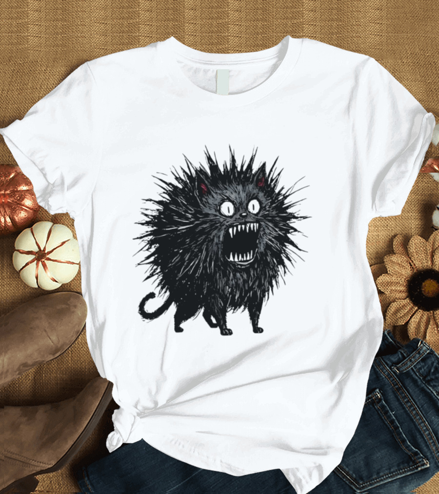 Angry Spiky Black Cat Meme Wild Expression T-Shirt