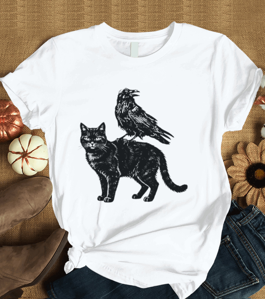 Black Cat And Raven Silhouette Duo T-Shirt