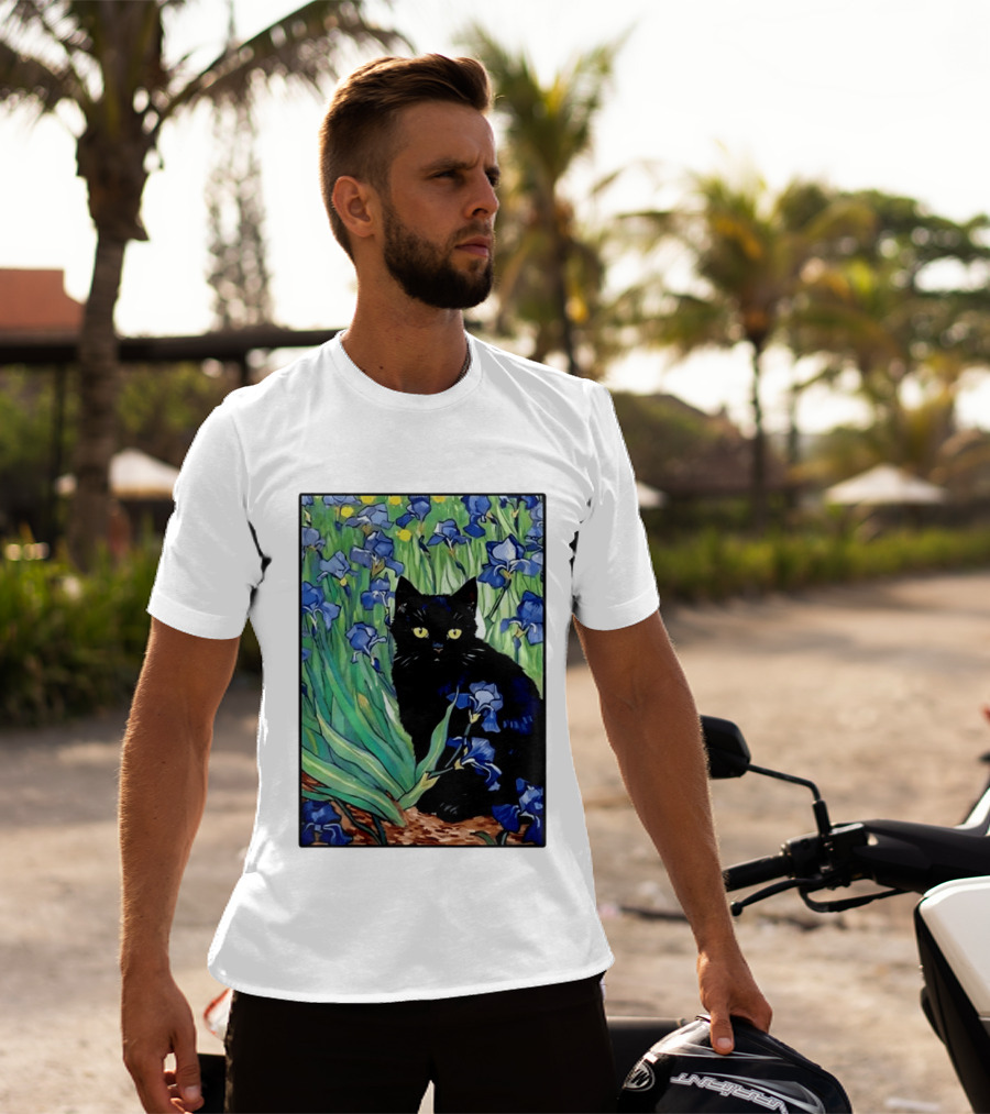 Black Cat With Van Gogh Irises Painting T-Shirt