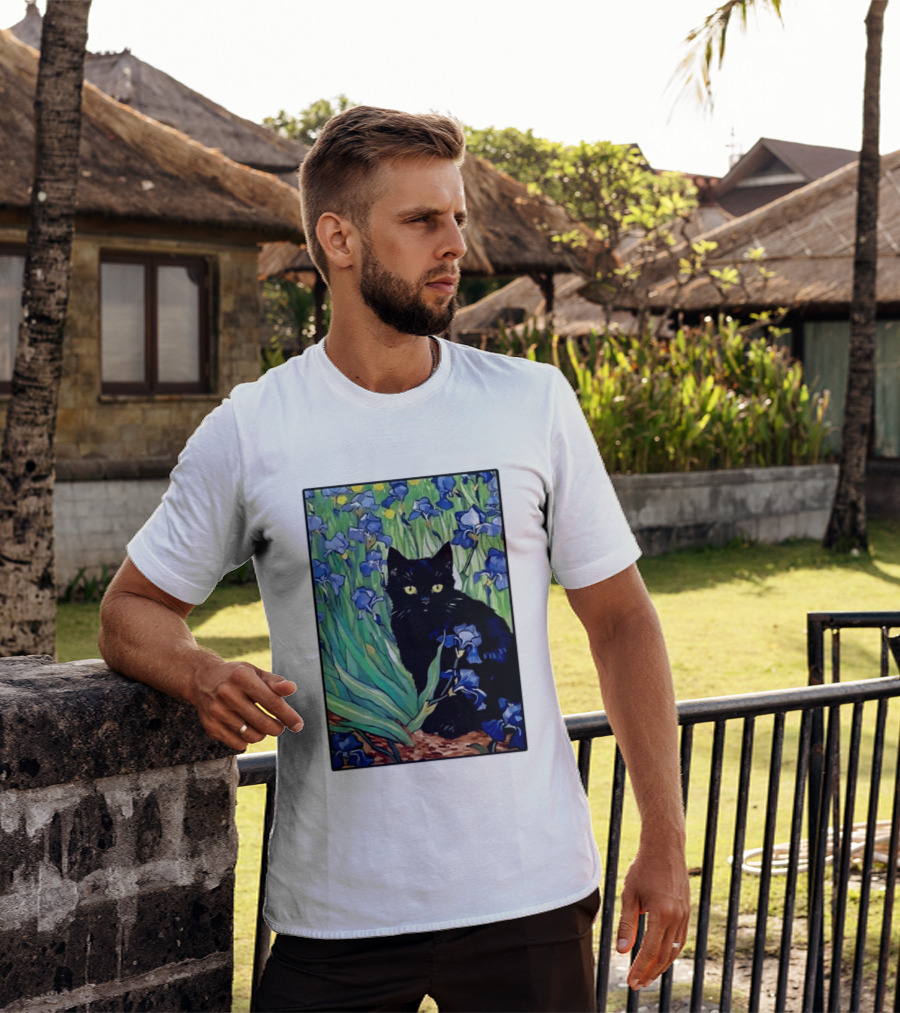 Black Cat With Van Gogh Irises Painting T-Shirt