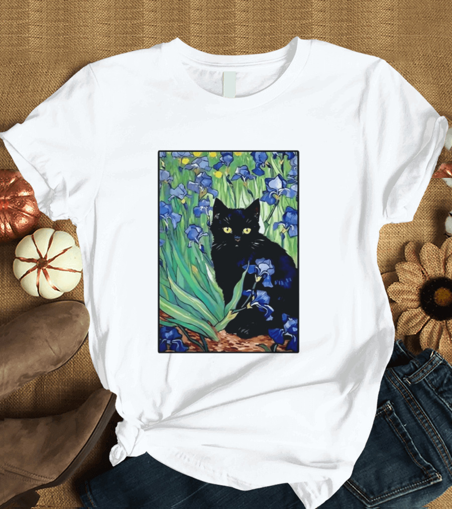 Black Cat With Van Gogh Irises Painting T-Shirt