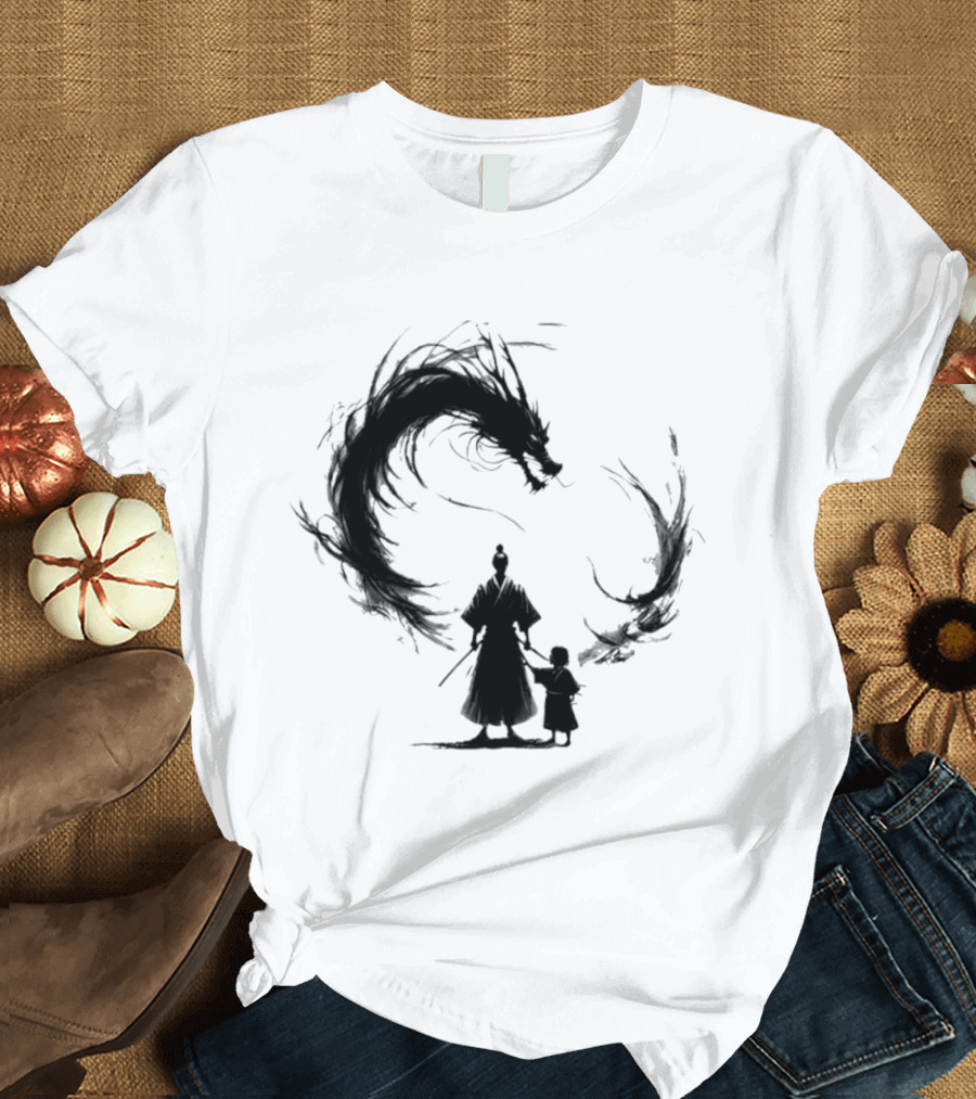 Samurai And Son With Black Dragon Circle T-Shirt