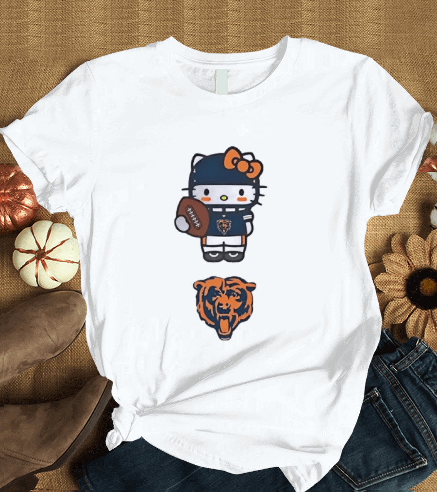 Hello Kitty Bears Football With Chicago Bear Head T-Shirt