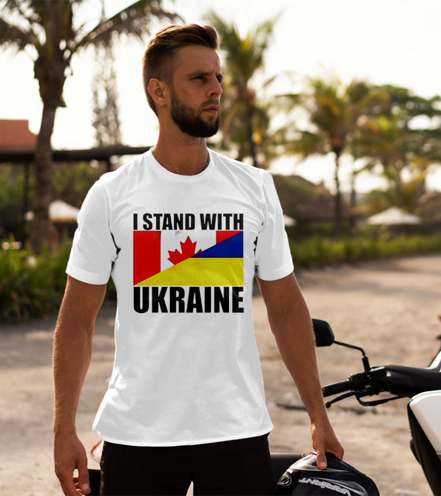 I Stand With Ukraine Canada Flag Maple Leaf Yellow Blue T-Shirt