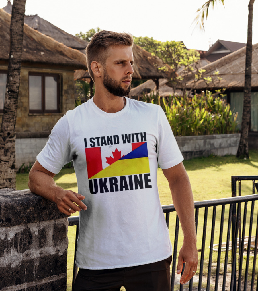I Stand With Ukraine Canada Flag Maple Leaf Yellow Blue T-Shirt