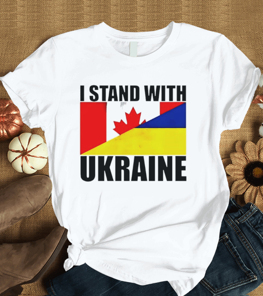 I Stand With Ukraine Canada Flag Maple Leaf Yellow Blue T-Shirt