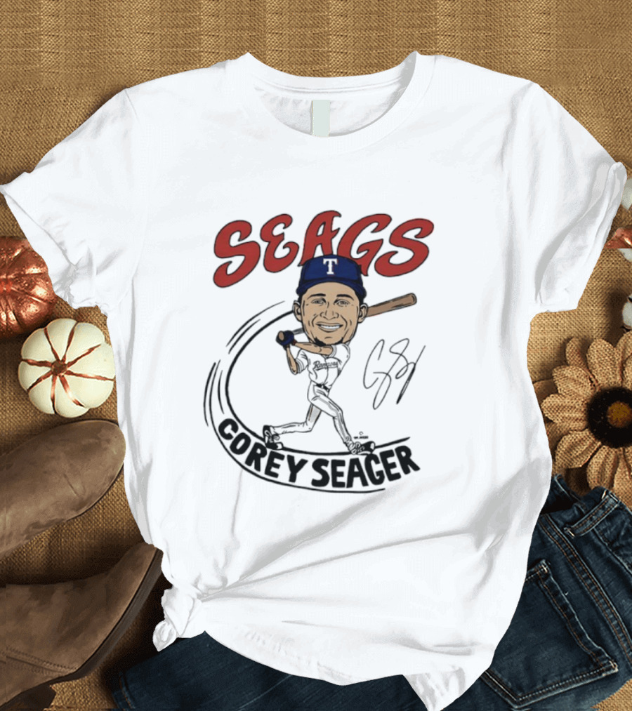 Seags Corey Seager Texas Rangers Slugger Swing Caricature T-Shirt