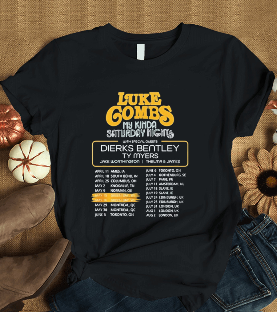 Luke Combs My Kinda Saturday Night Tour 2026 Green Bay Featuring Dierks Bentley T-Shirt