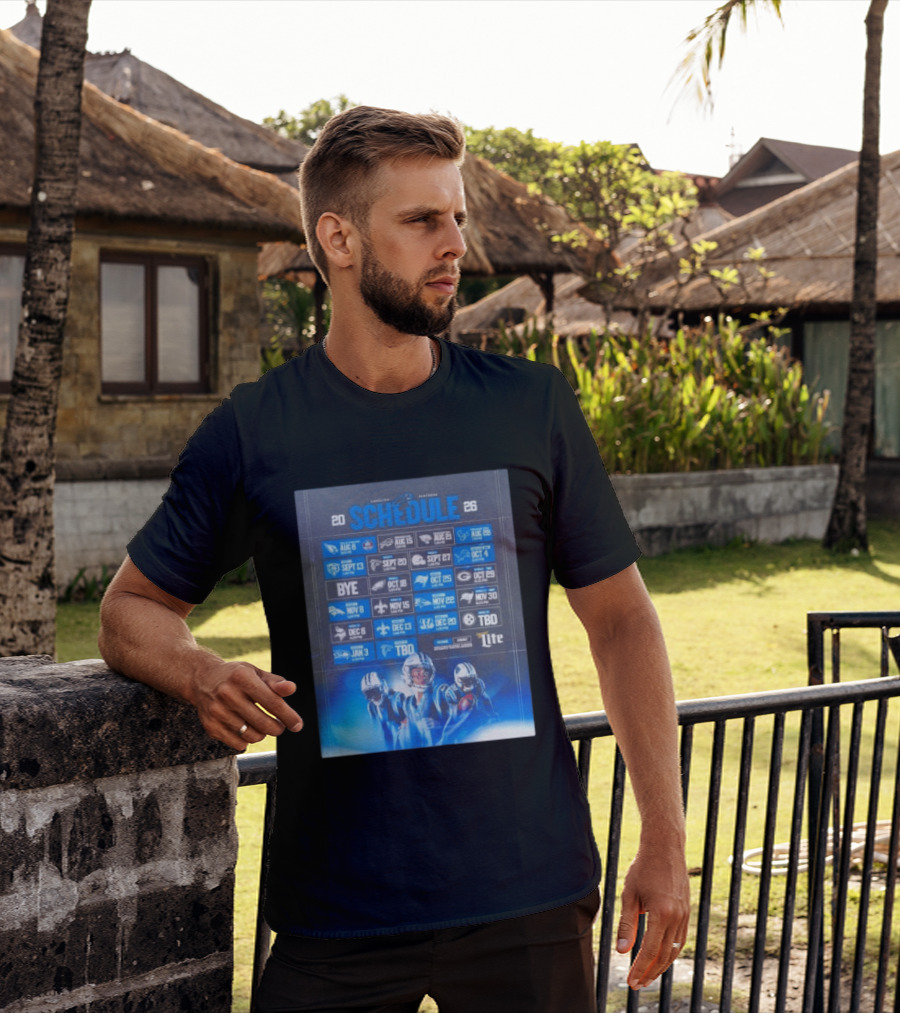 Carolina Panthers 2026 Game Schedule With Player Imagery And Opponent Logos T-Shirt