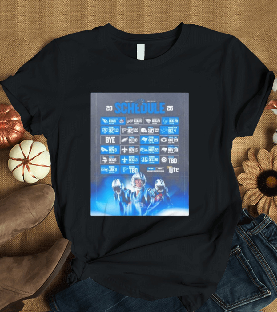 Carolina Panthers 2026 Game Schedule With Player Imagery And Opponent Logos T-Shirt