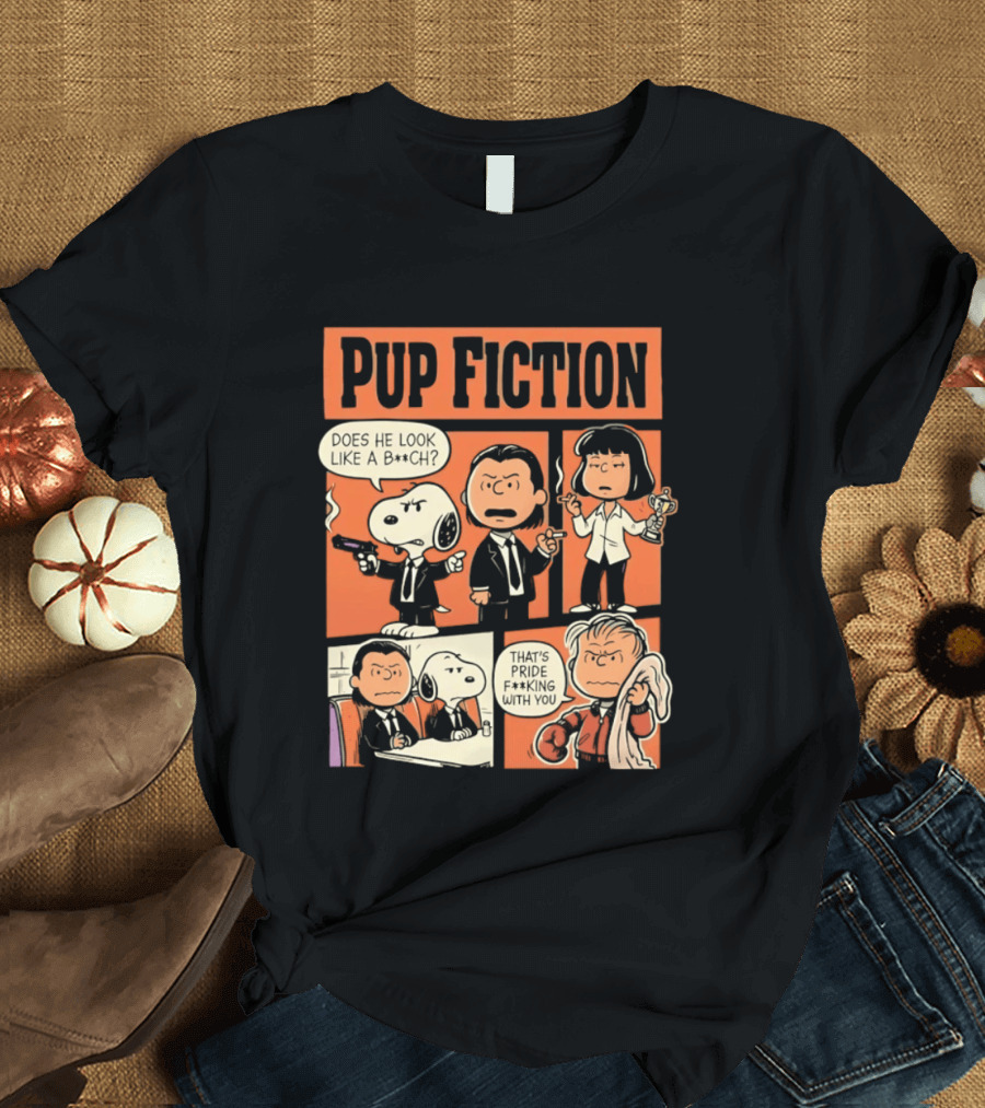 Pup Fiction Peanuts And Pulp Fiction Characters Mashup T-Shirt