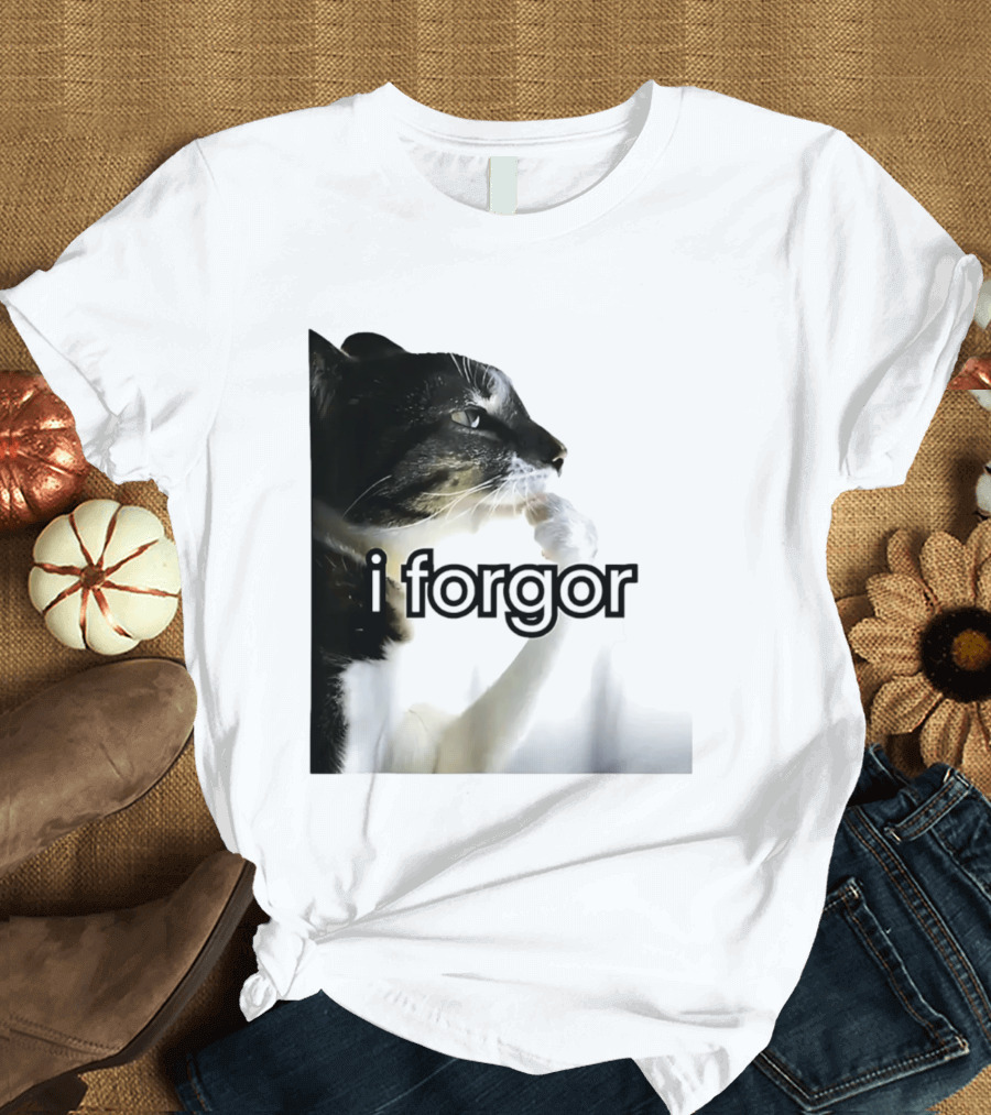 Cat I Forgor Meme Digital Image Paw Licking Pensive Moment T-Shirt