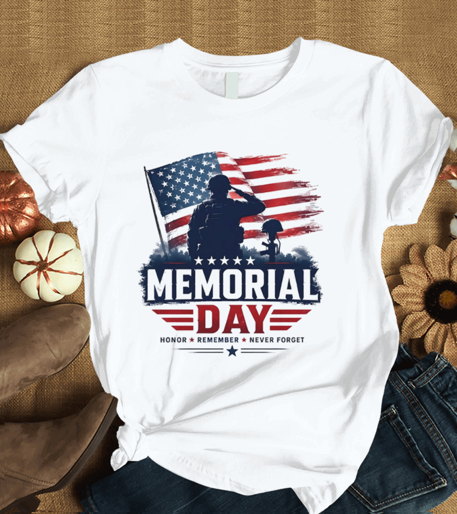 Memorial Day 2026 Honor Remember Never Forget American Flag T-Shirt