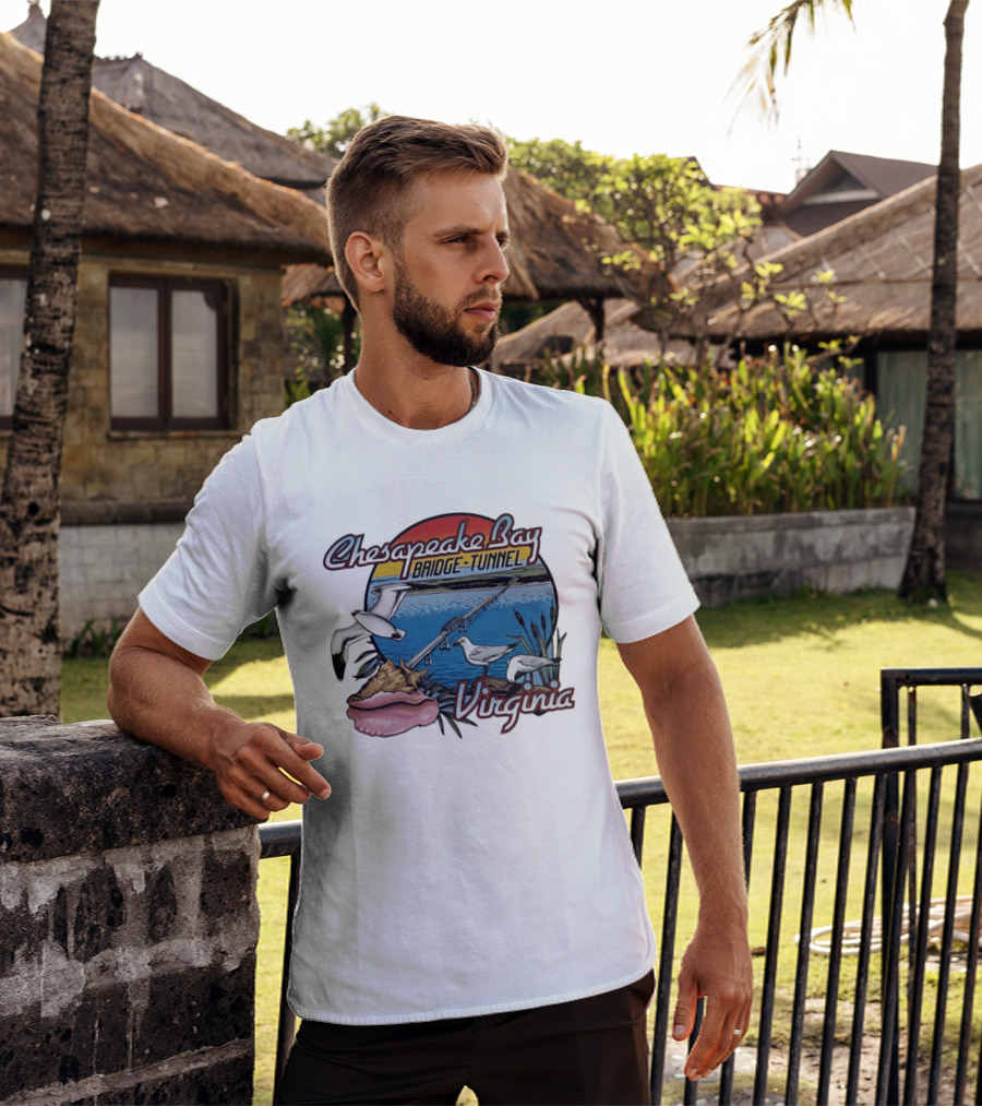 Chesapeake Bay Bridge Tunnel Virginia Seagulls Sunset Scene T-Shirt