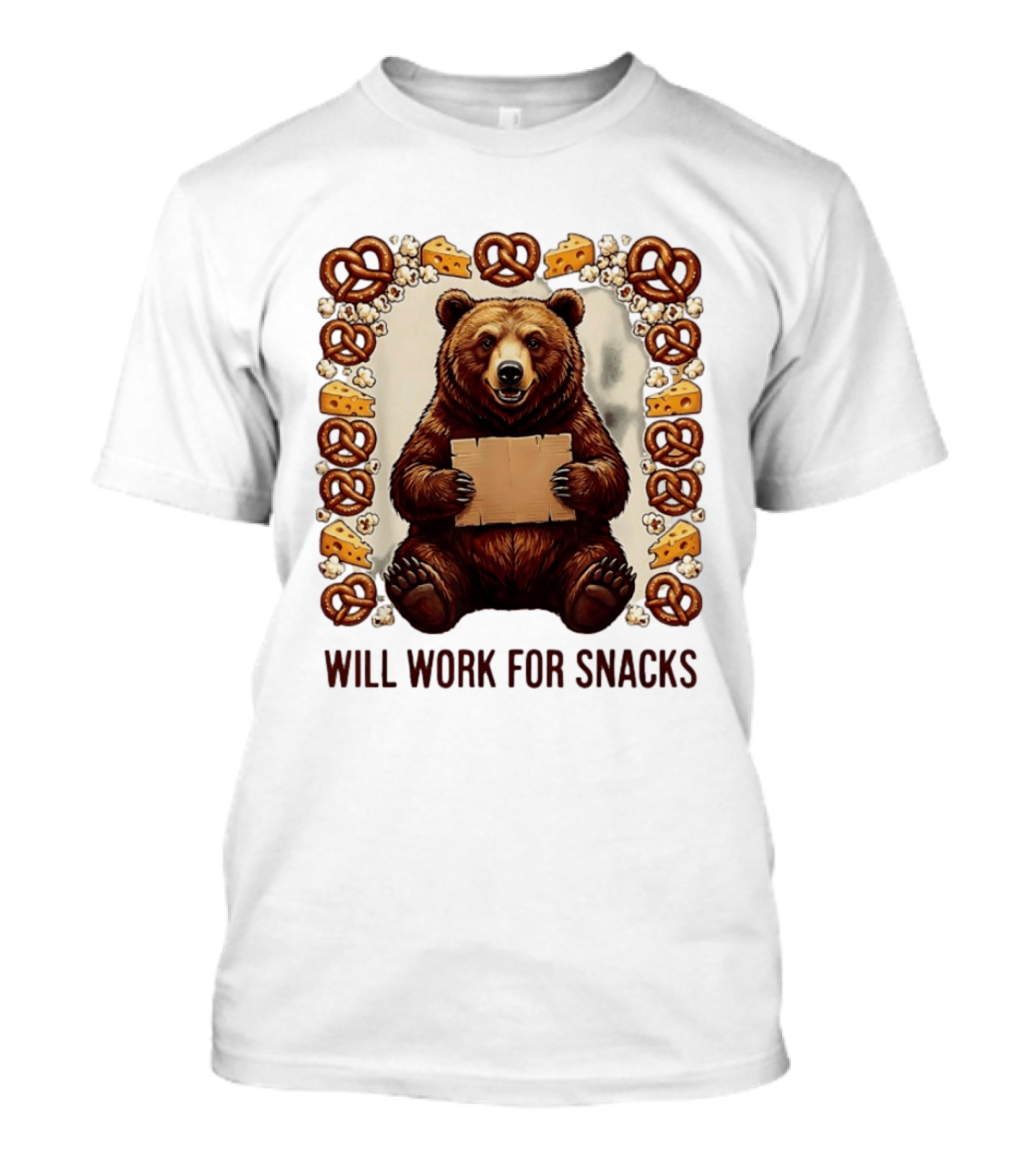 Bear Holding Cardboard Surrounded By Pretzels Cheese Popcorn Will Work For Snacks T-Shirt