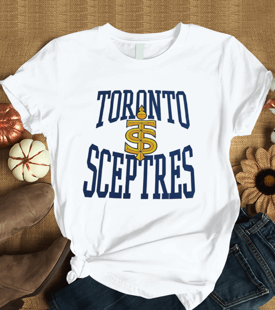 Toronto Sceptres Sports Team Logo Icon With Gold Emblem And Blue T-Shirt