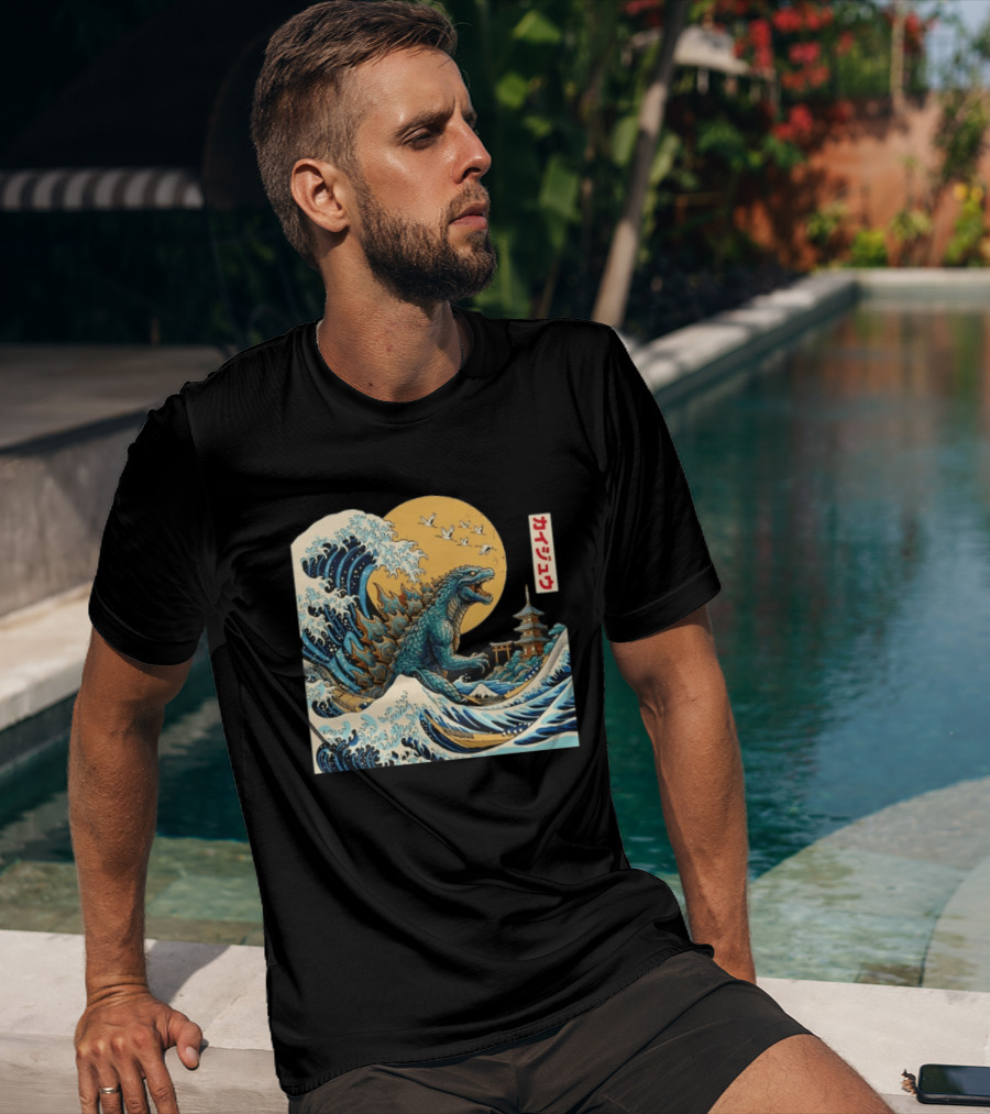 Kaiju Wave Monster Japanese Kawaki Kanji Pagoda Ukiyo E T-Shirt