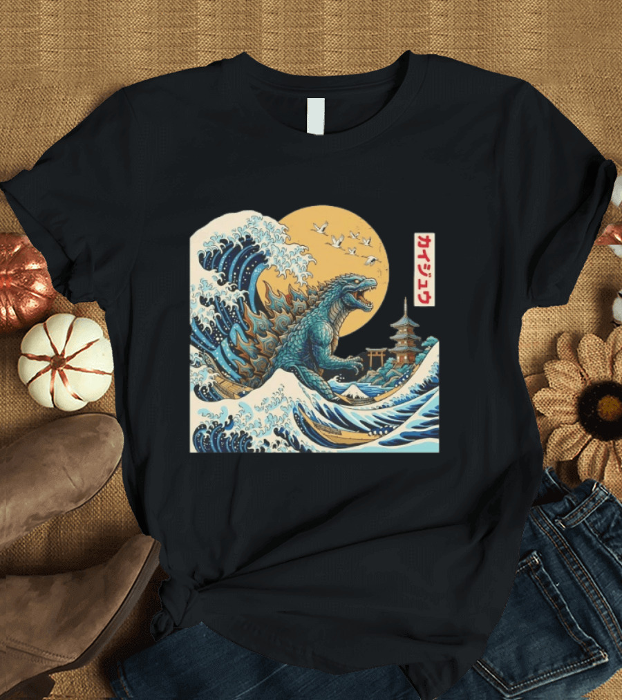 Kaiju Wave Monster Japanese Kawaki Kanji Pagoda Ukiyo E T-Shirt