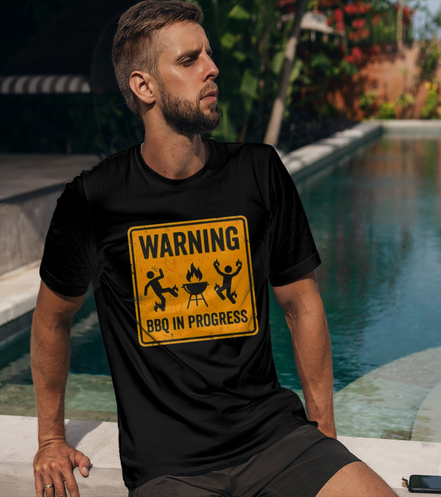WARNING BBQ In Progress Funny Caution Sign With Flames T-Shirt