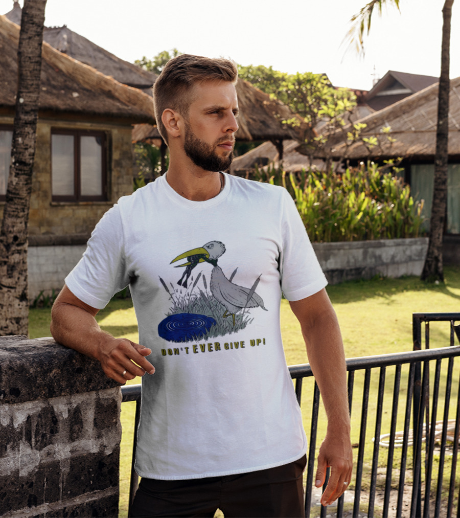 Heron And Frog Don't Ever Give Up Motivational Wildlife Scene T-Shirt