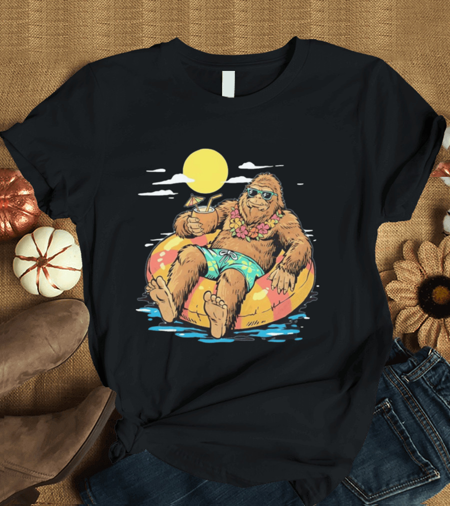 Bigfoot Lounging With A Cocktail In Tropical Beach Getaway Scene T-Shirt