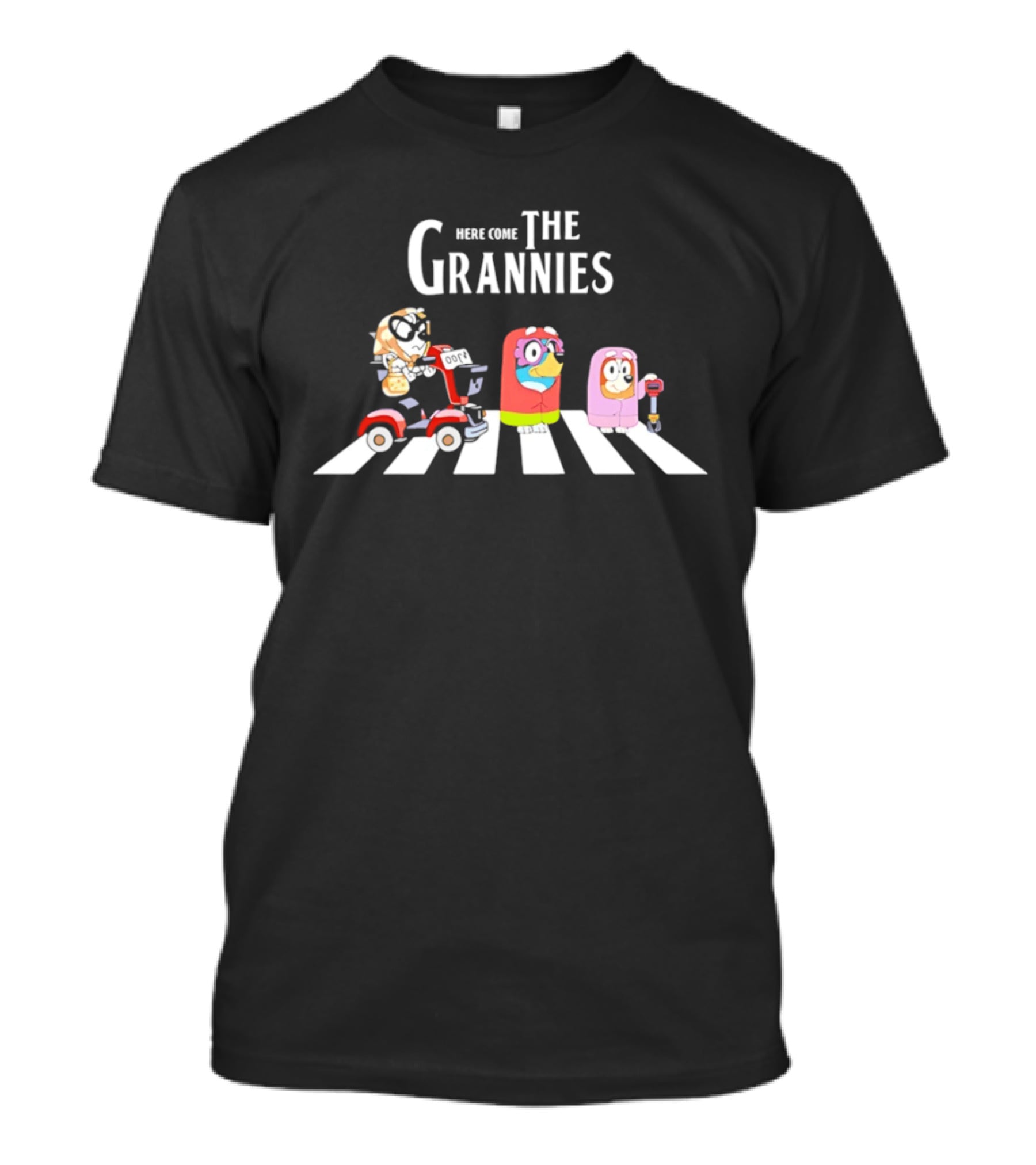 Here Come The Grannies Funny Cartoon Characters On Crosswalk With Electric Scooter T-Shirt