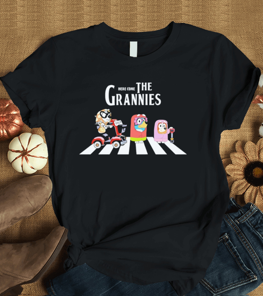 Here Come The Grannies Funny Cartoon Characters On Crosswalk With Electric Scooter T-Shirt