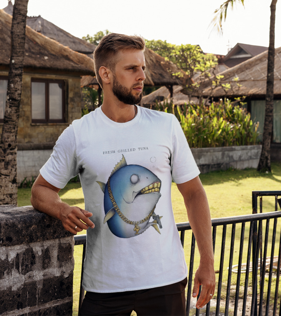 Fish Gun Fresh Grilled Tuna Gangster Chain Gold Teeth T-Shirt
