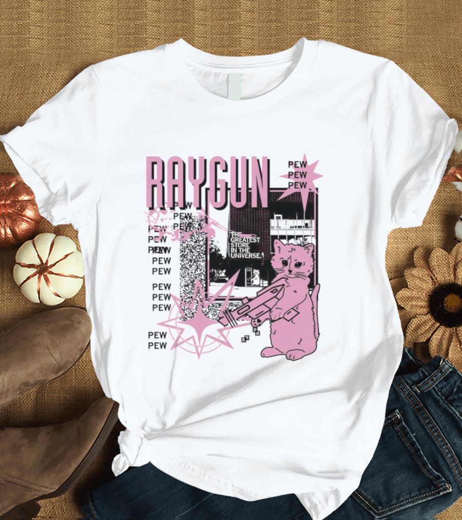 RAYGUN Cat Pew Pew Sci Fi Retro Feline Blaster Adventure T-Shirt