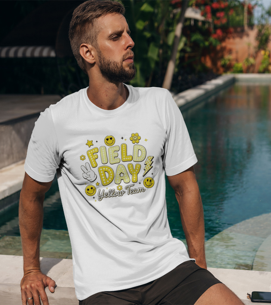 Field Day Yellow Team Smiley Faces Peace Sign Stars And Lightning Bolt T-Shirt