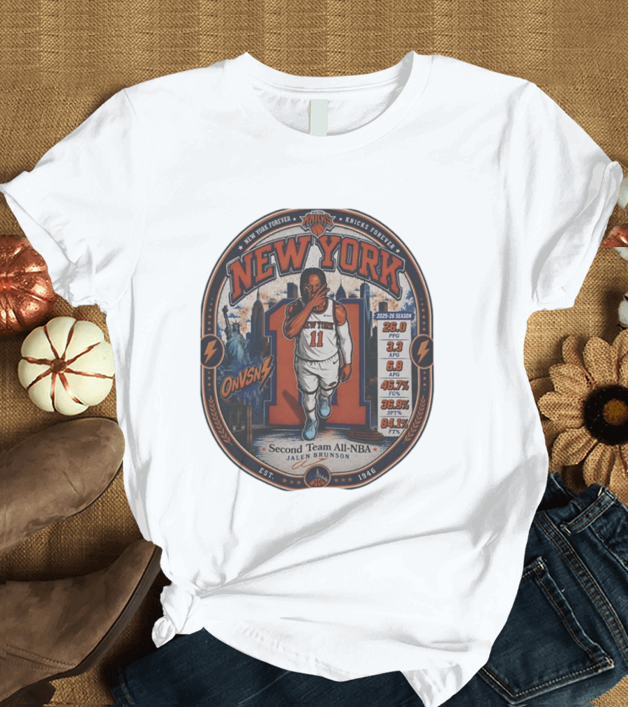 Jalen Brunson New York 11 Knicks Forever Second Team All NBA 2025 26 Season Stats T-Shirt