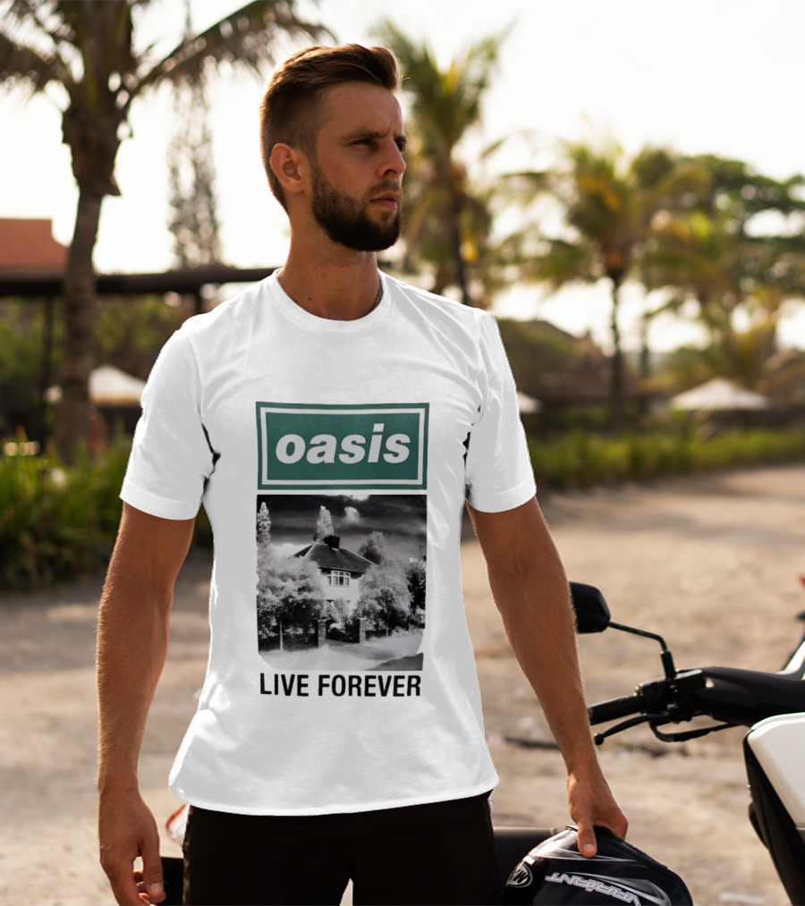 Oasis Live Forever Black And White House Image T-Shirt