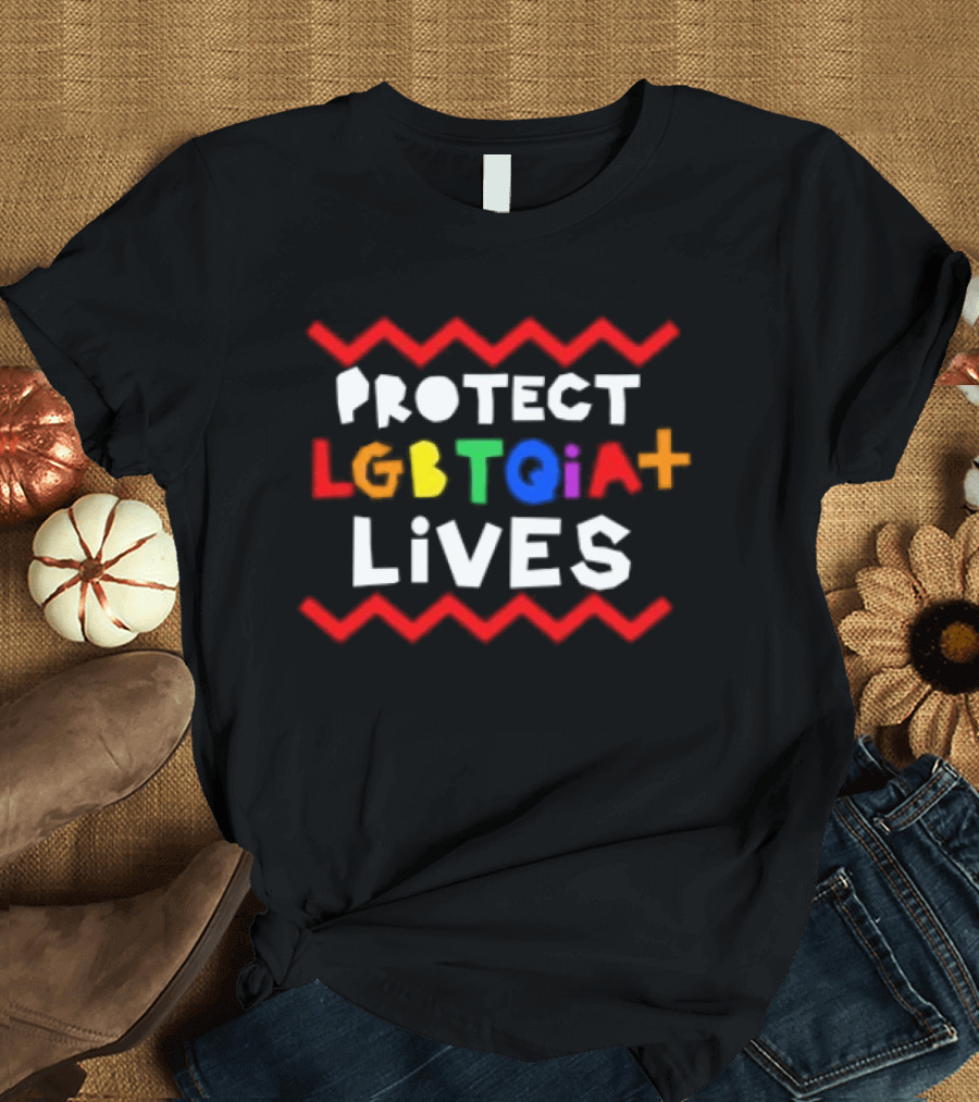 Protect LGBTQIA+ Lives Rainbow Letters With Red Zigzag Lines T-Shirt