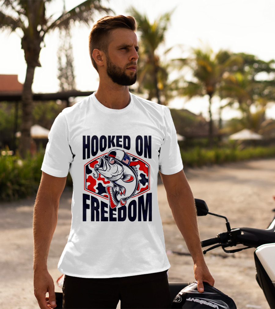 Hooked On Freedom Patriotic Fish Camo Hat T-Shirt